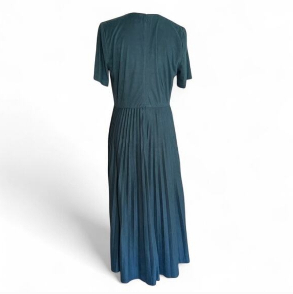 ANN TAYLOR Faux Suede Pleated Midi Dress Size 8 Teal Short Sleeve Fit & Flare